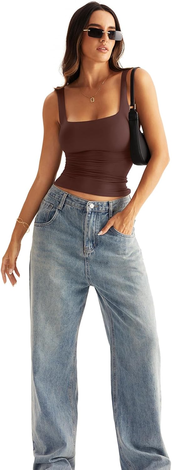 Eachyes Womens Square Neck Double Lined Tank Tops Low Back Fitted Sleeveless Tops - Image 5