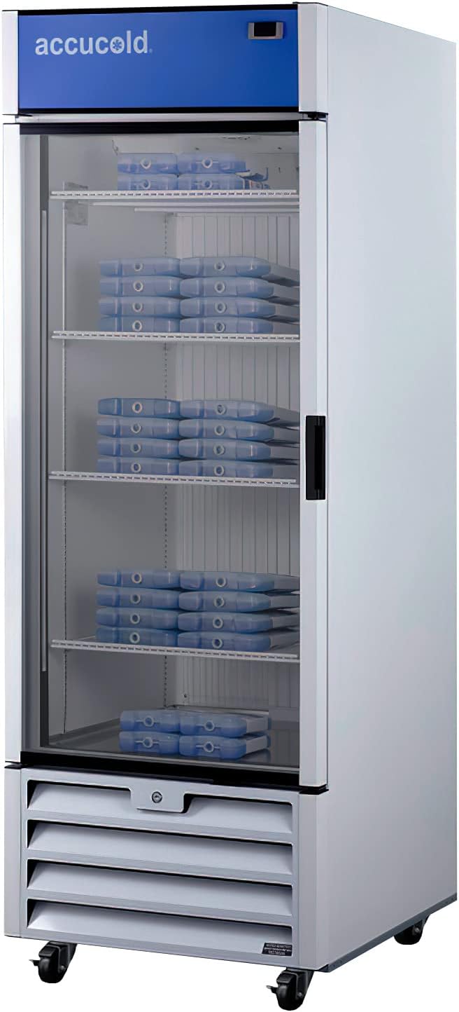 Accucold AFG26MLLH 30" Wide Healthcare Freezer, 21.34 cu.ft Capacity, Automatic Defrost, Glass Door, White Cabinet, Left Hand Door Swing, Digital Thermostat, LED Lighting, Fan-cooled Interior