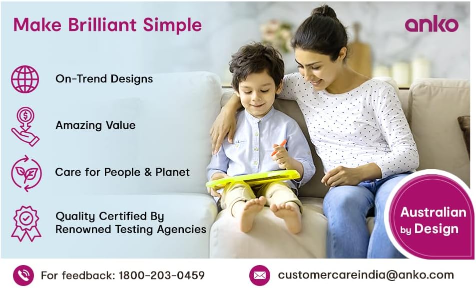 Značka Anko s textem „Make Brilliant Simple“ a ikonami představujícími trendy designy, úžasnou hodnotu, péči o lidi a planetu a kvalitu certifikovanou renomovanými testovacími agenturami. Kontaktní informace: 1800-203-0459 a customercareindia@anko.com. Také logo „Australian by Design“.