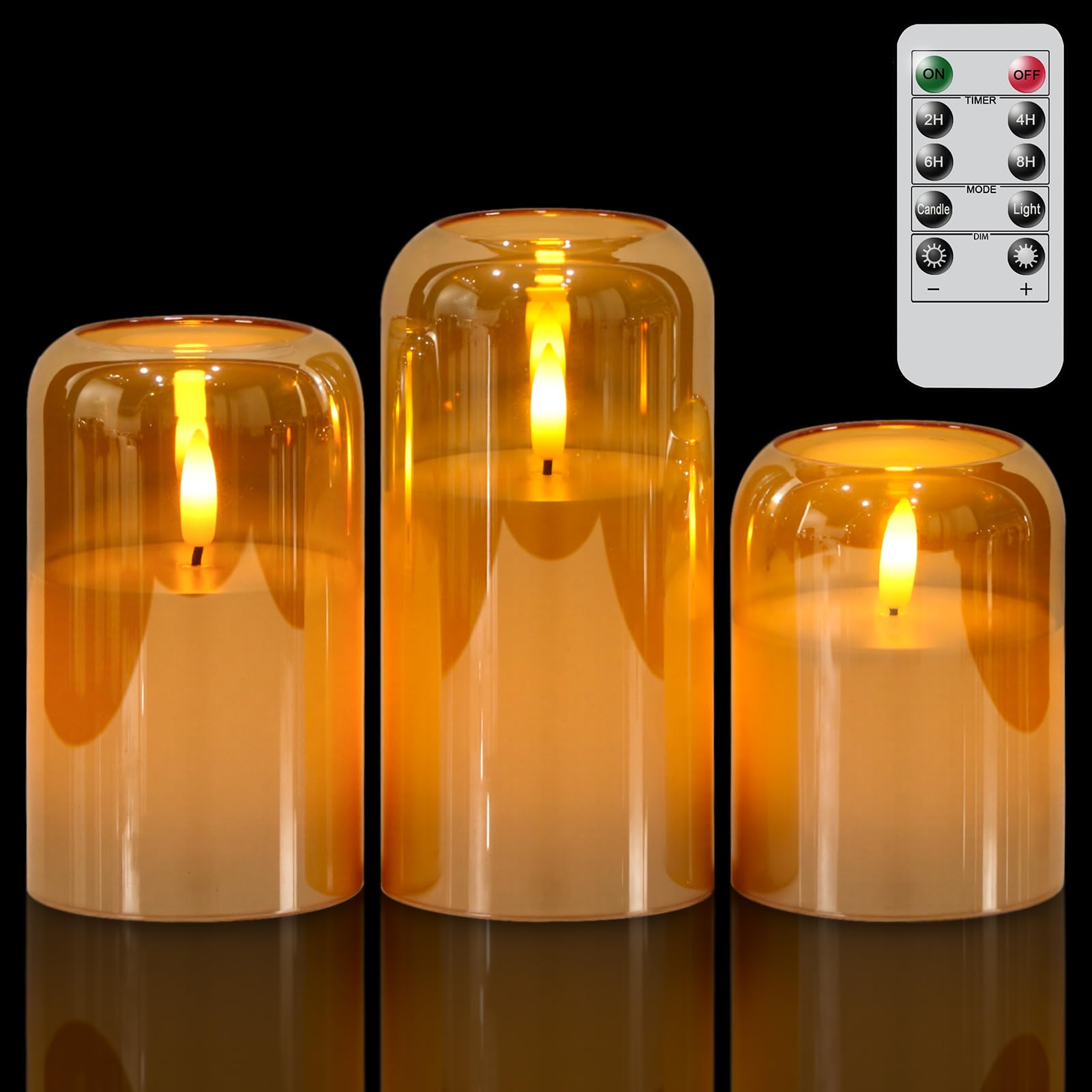 GenSwin Candele senza fiamma in vetro dorato con timer remoto, candele a batteria con fiamma tremolante, candela a colonna in vetro e vera cera a LED, per Halloween, Natale, decorazione della casa