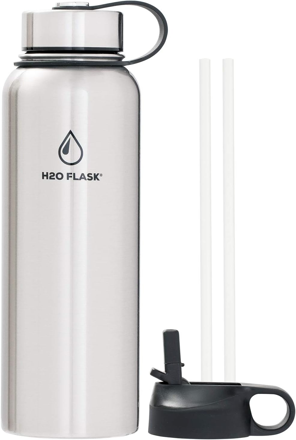 SilverOnyx Water Flask - Vacuum Insulated, Stainless Steel Bottle, Double Wall, Wide Mouth, Leak-Proof, Straw Lid and Flex Cap, Multiple Colors and Sizes, Flask Keeps Liquids Hot & Cold - Silver 40oz