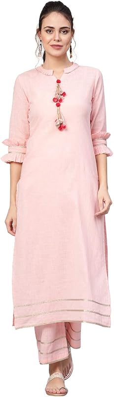 Idalia Womens Baby Pink Solid Straight Cotton Kurta Set With Palazzo Pant