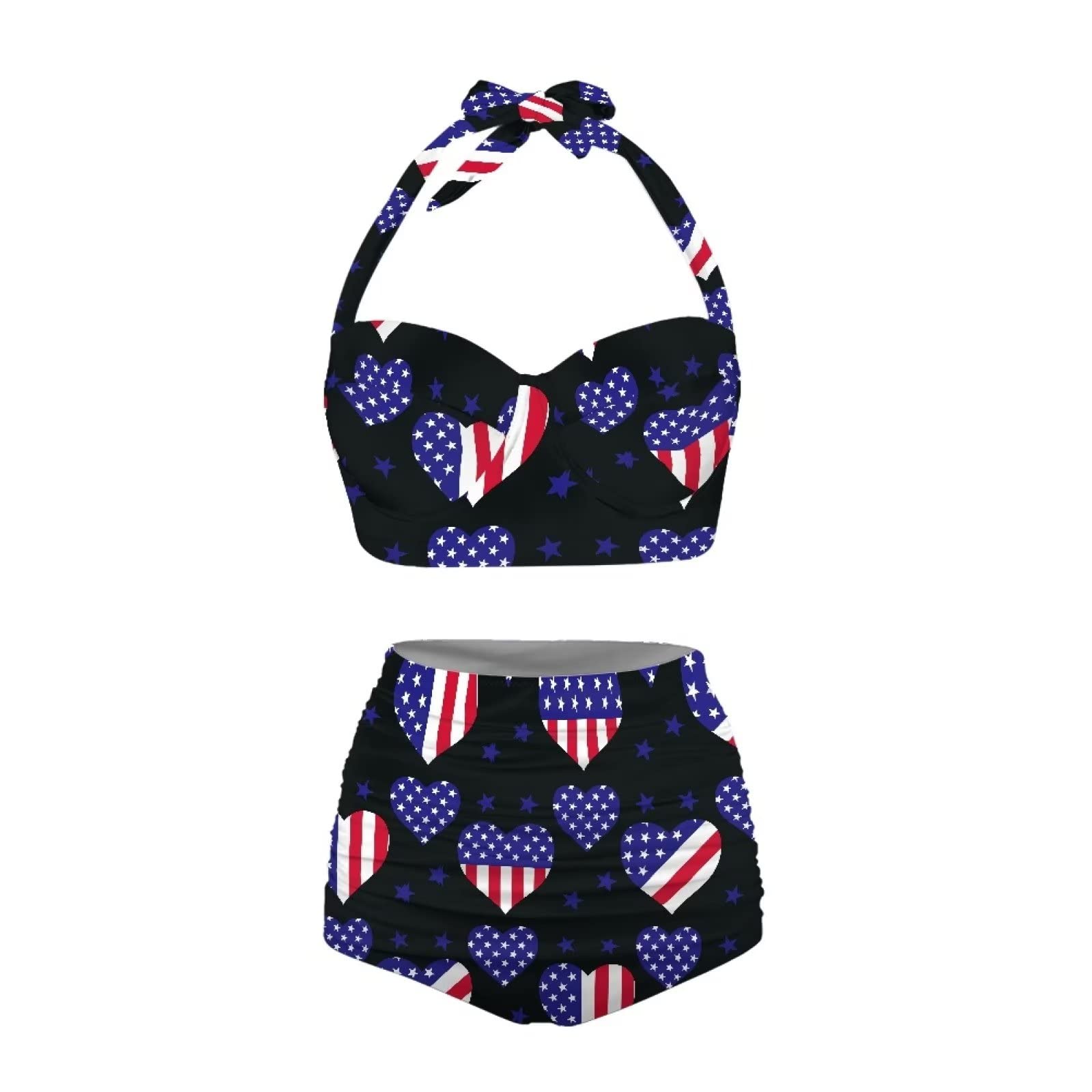 TOADDITDO US Flag Print Two Piece Swimsuit Set for Women Halter Tie Back Bathing Suits with High Cut Triangle Bikini Bottom Swimsuits