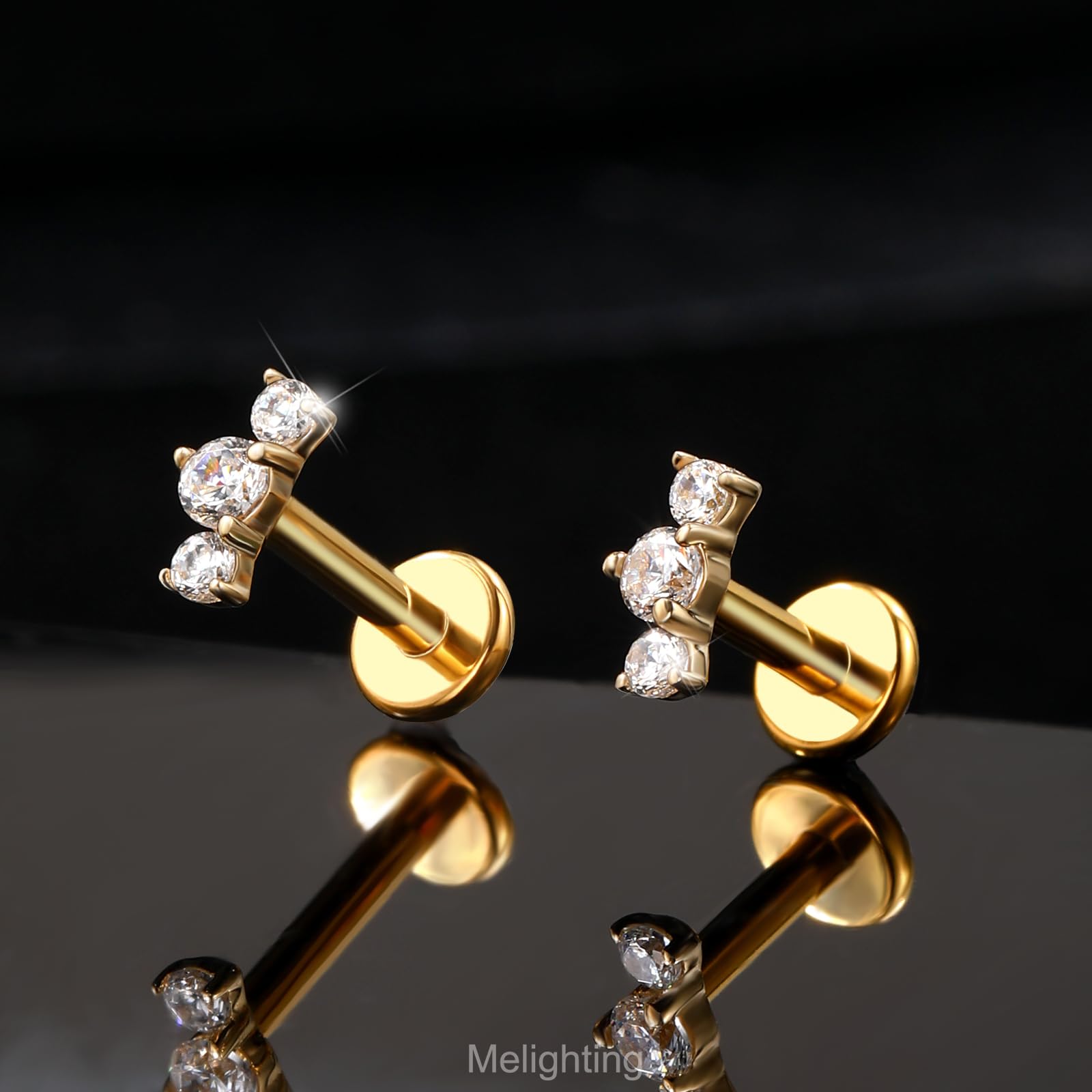 Melighting Flach Rücken Ohrring 14K Gelbgold Helix Stud Innengewinde Lippen Stud Labret Ohrring CZ Knorpel Piercing Schmuck