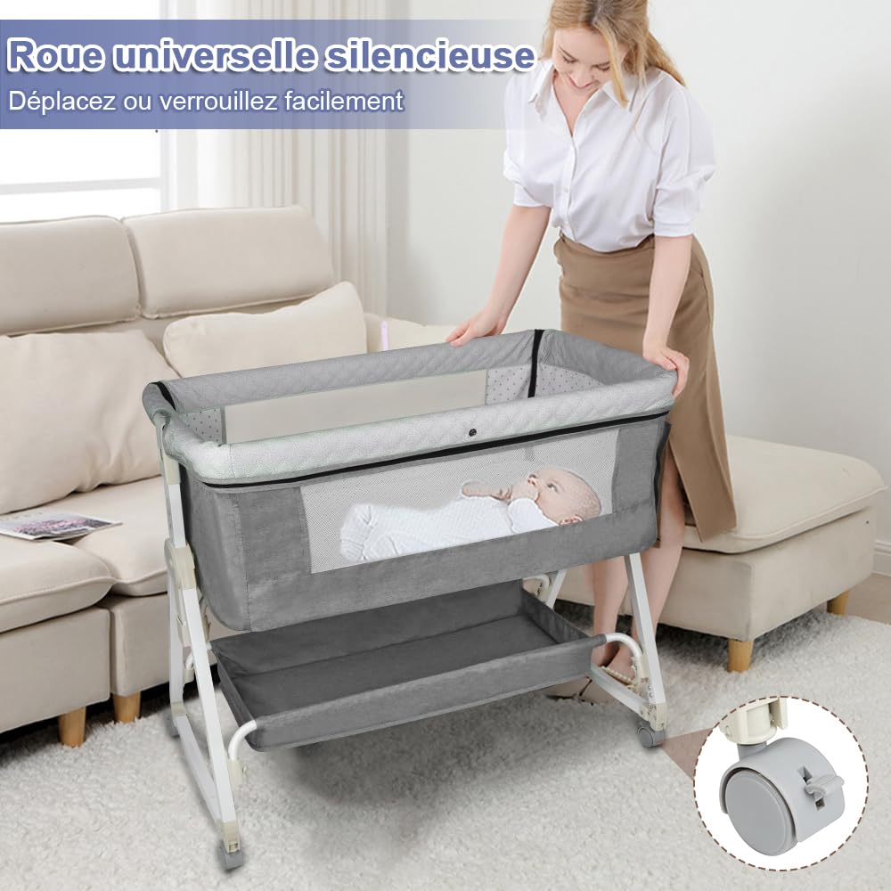 Supfine Berceau Cododo 4 en 1 Lit Bébé Multifonction avec Table à Langer et Rangement, 6 Niveaux de Hauteur, Lin Gris 95x50x98-110 cm