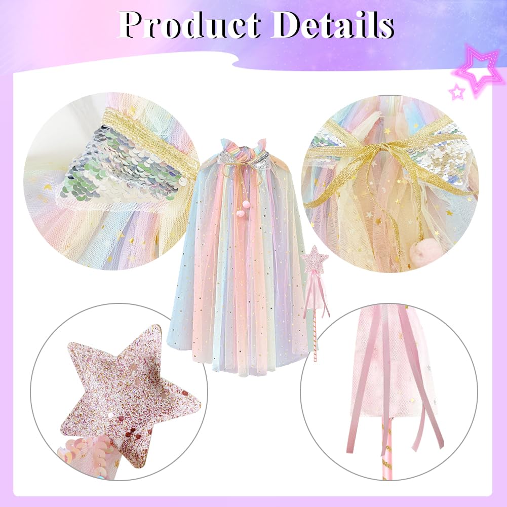 Mantello principessa bambina, mantello halloween bambino magica mantello Tulle con paillettes scintillanti scialle halloween principessa con bacchetta magica per ragazze 6-10 anni