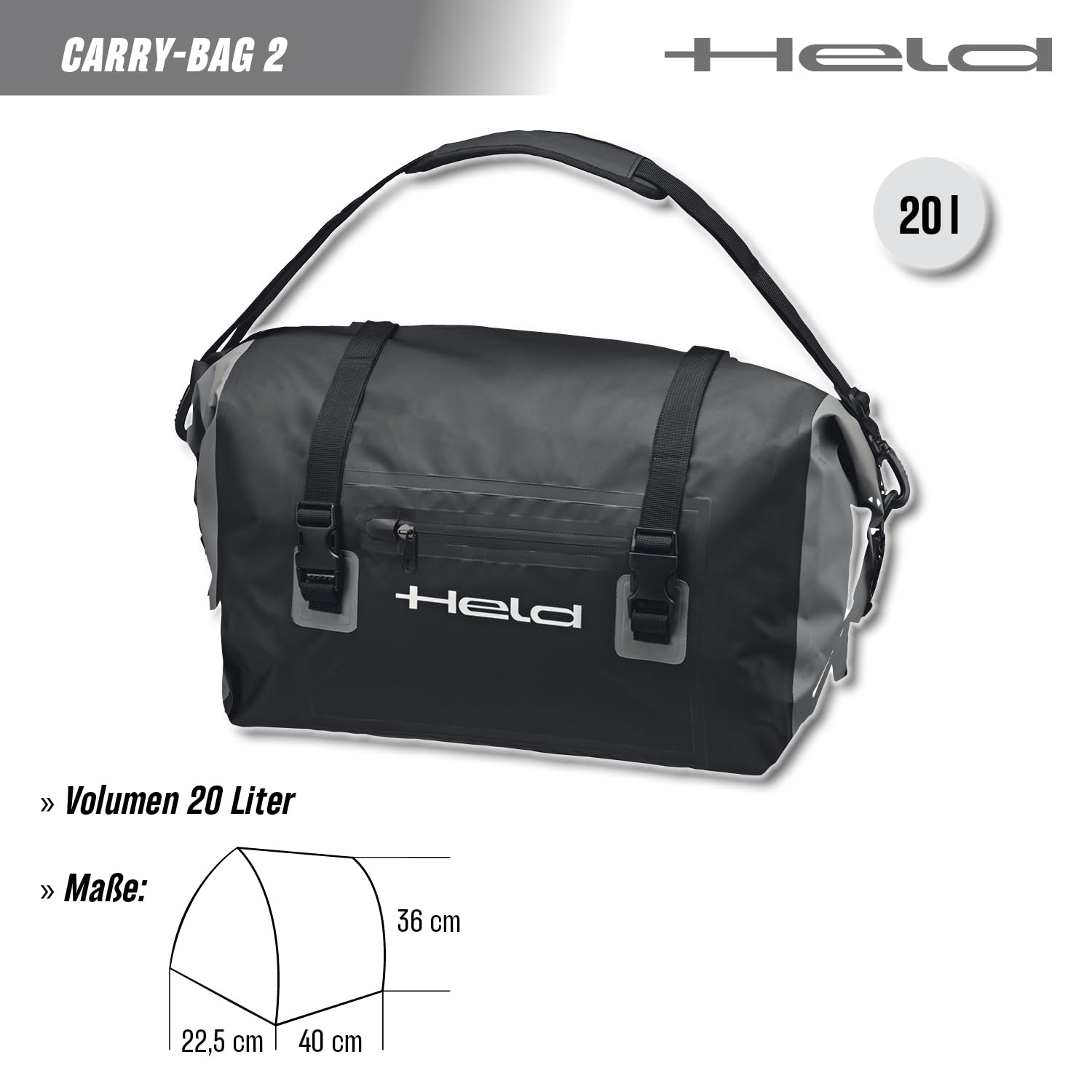 Held Carry-Bag Torba motocyklowa, wodoszczelna torba podróżna, torba na tył i rolka bagażu z mocnego brezentu, czarna, rozmiar 20 l