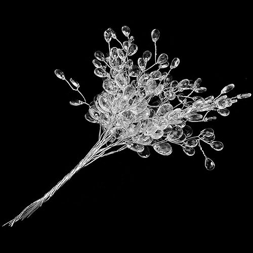 Miniatura 2 de Ramo de flores artificiales, 50 unidades, tallo de flores artificiales de plástico blanco con cuentas de acrílico de cristal, gota para boda,