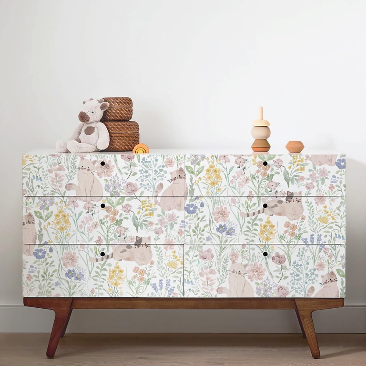 Yomshi Plakfolie, meubelfolie, roze, kat en bloemen, 44 x 300 cm, mooi retro behang, vinylfolie voor meubels, slaapkamer, woonkamer, hal, verdikt, waterdicht, zelfklevend