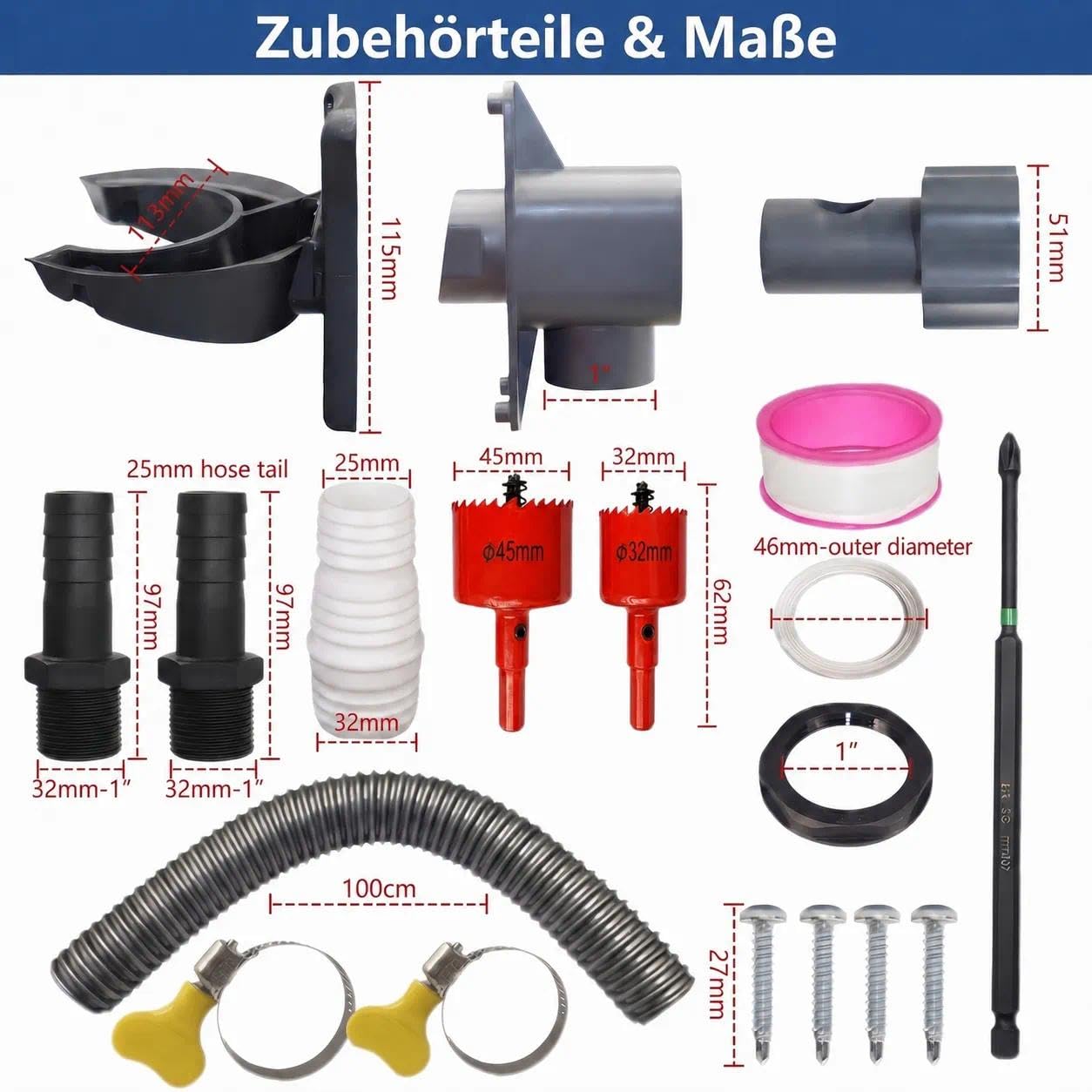 Regensammler für Fallrohre 70-110mm, Regenwassersammler mit Montagezubehör und 100cm Schlauch, Regentonnen Anschluss Fallrohr, Fallrohr Regenwassersammler Set für Dachflächen bis 80 m²