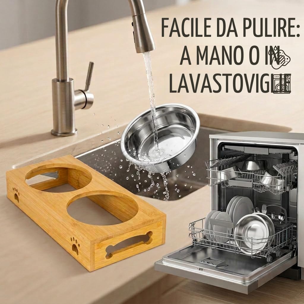 Edipets, Ciotole per Cani, Gatti, Abbeveratoio per Cani Gatti, Doppia e Tripla Rimovibile in Ceramica o Acciaio Inossidabile, Base Antiscivolo in Bambù (Acciaio Inox, Doppio)