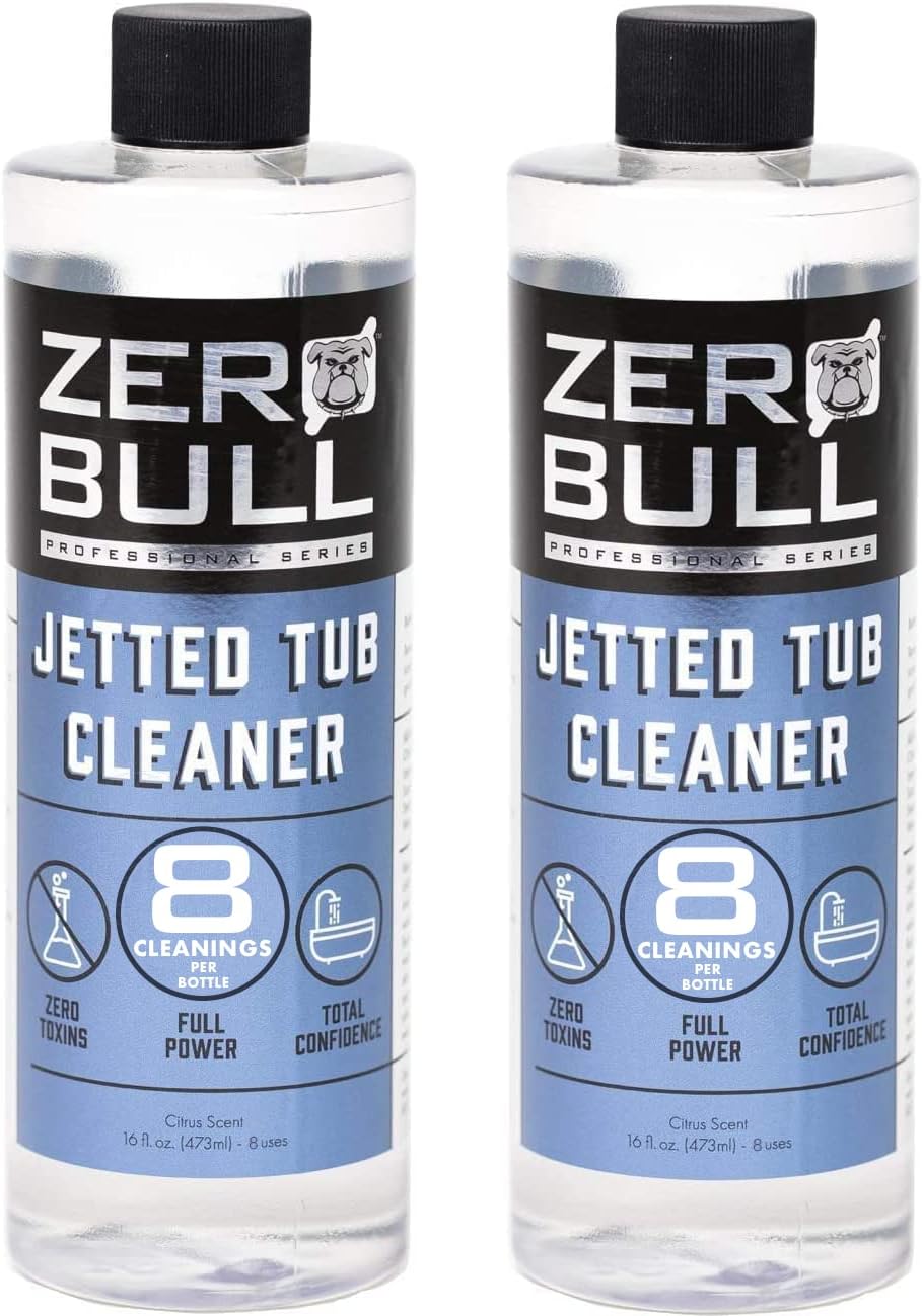 Zero Bull Jetted Tub Cleaner. 8 cleans per bottle. The most powerful and safest-no dangerous quat or bleach. Clean jacuzzi, bath tub, hot tub, whirlpool, spa, dishwasher, and drain.