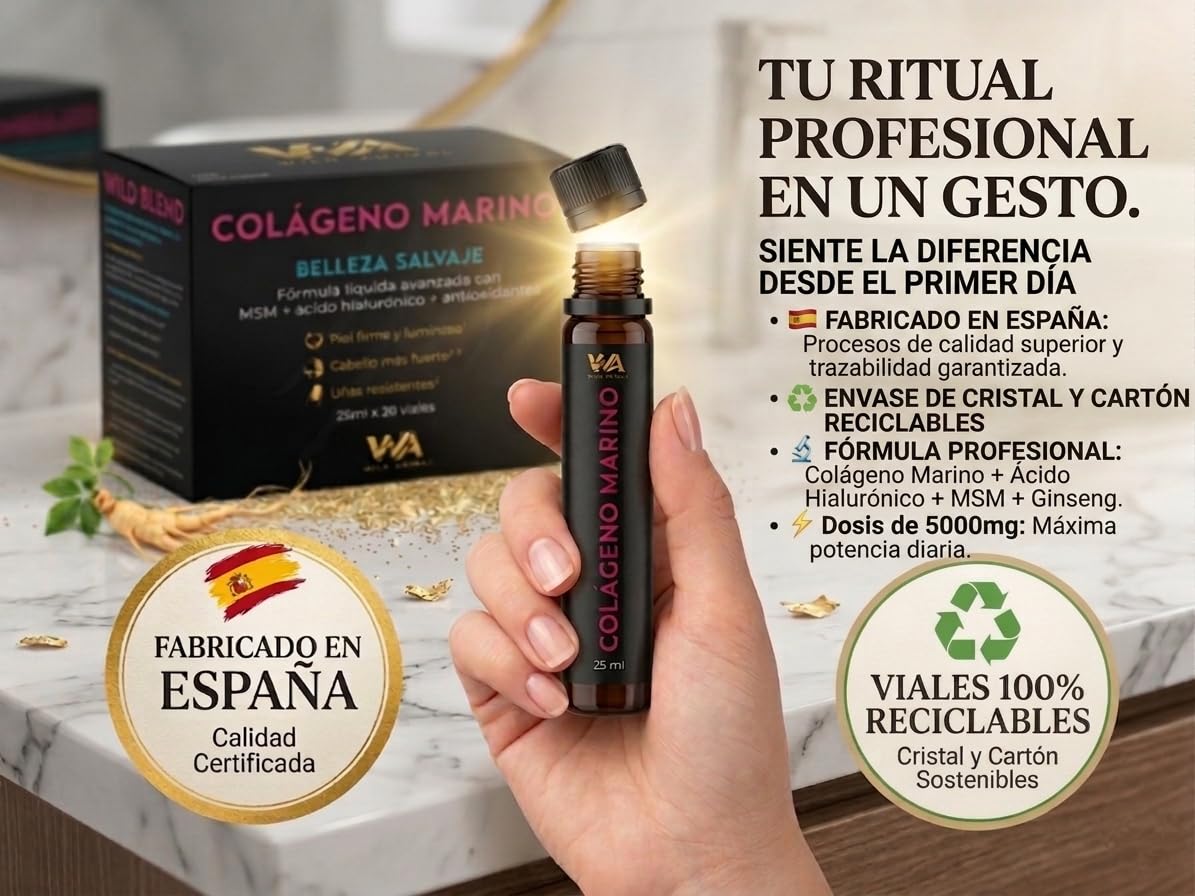 Colágeno Marino Bebible 5000 mg - Alta Dosis | 28 Viales x 25 ml | Con Ácido Hialurónico, MSM, Biotina y Vitamina C | Piel, Cabello y Uñas | Fabricado en España