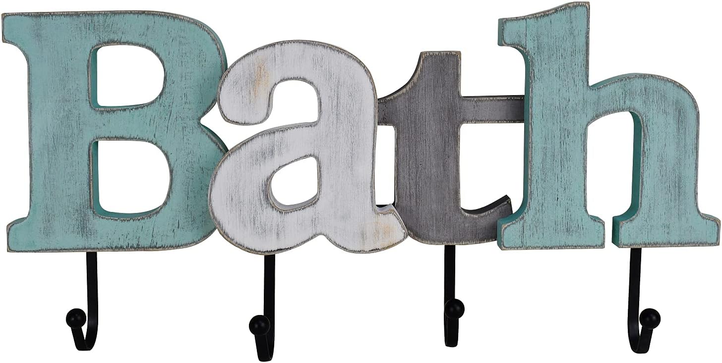 K KILIPES Rustic Wooden Bath Sign Cutout Letters with Bath Towel Hanging Rack Wall Mounted Wood Word Bath Sign Towel Hook for Bathroom Home Wall Decor