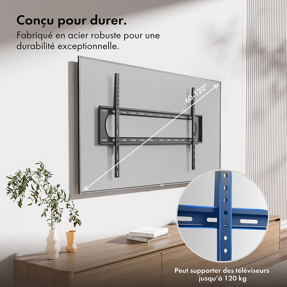 Vonhaus Support TV Mural pour Écrans 60-120 pounces, Ultra-Fin avec Niveau à Bulle, Fixation TV Murale Plate, Capacité 120kg, VESA Max : 900x600mm