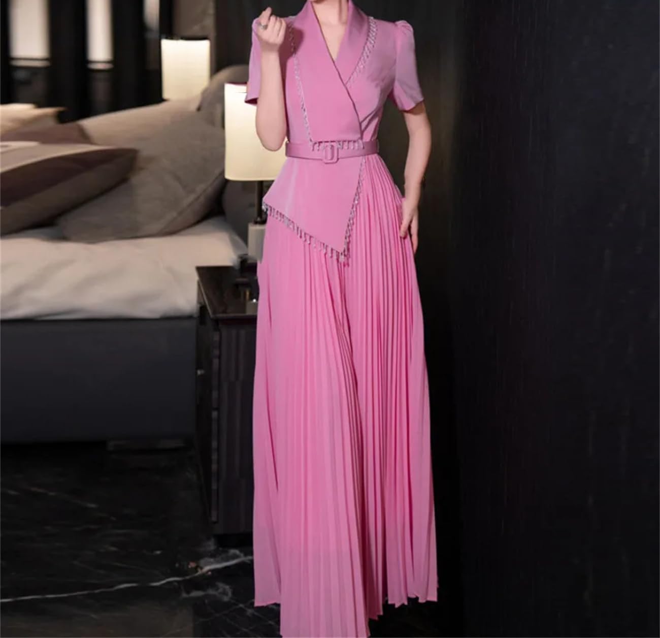 Yeuyyben Moda pieghe irregolare vestito donna girare giù collare manica corta cintura abiti