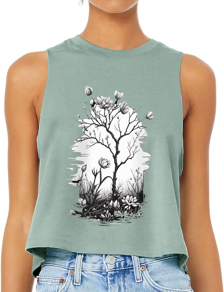 Nature Print Racerback Cropped Tank - Flower Women's Tank - Graphic Tank Top