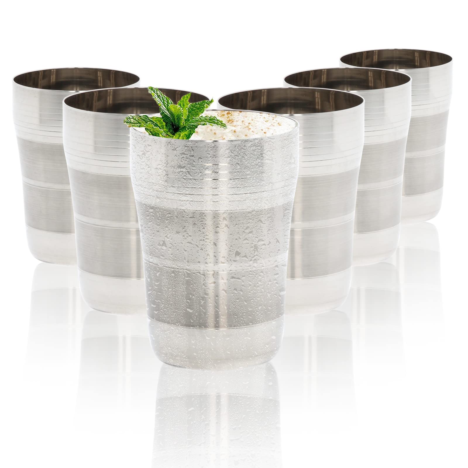 Stainless Steel Cups Metal Drinking Glasses Set of 6 Reusable Tumbler Mug Unbreakable Shatterproof for Cocktail Wine Beer Water Juice Iced Coffee Party Travel Camping Outdoor (Fresca Striped - 320ml)