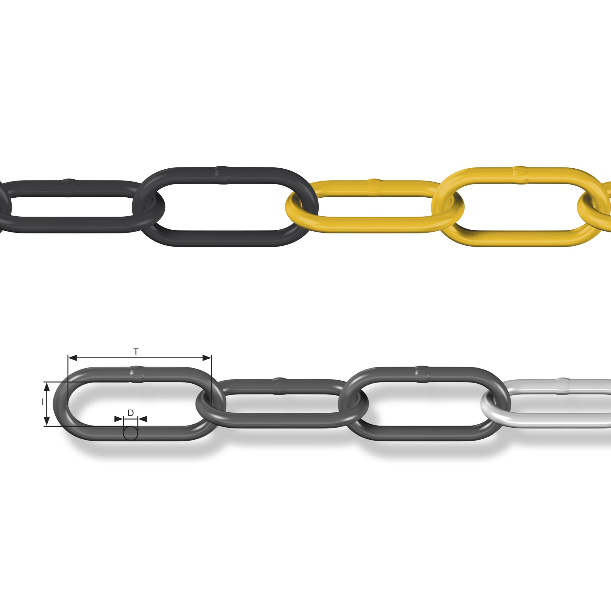 Dörner + Helmer Catena di bloccaggio, 6 mm di spessore, lunghezza 5 m, in acciaio zincato, chiusura a sacchetto, maglia lunga, nero/giallo