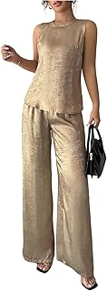 Women's 2 Pieces Outfits Metallic Cami Top and Loose Wide Leg Pants Part...