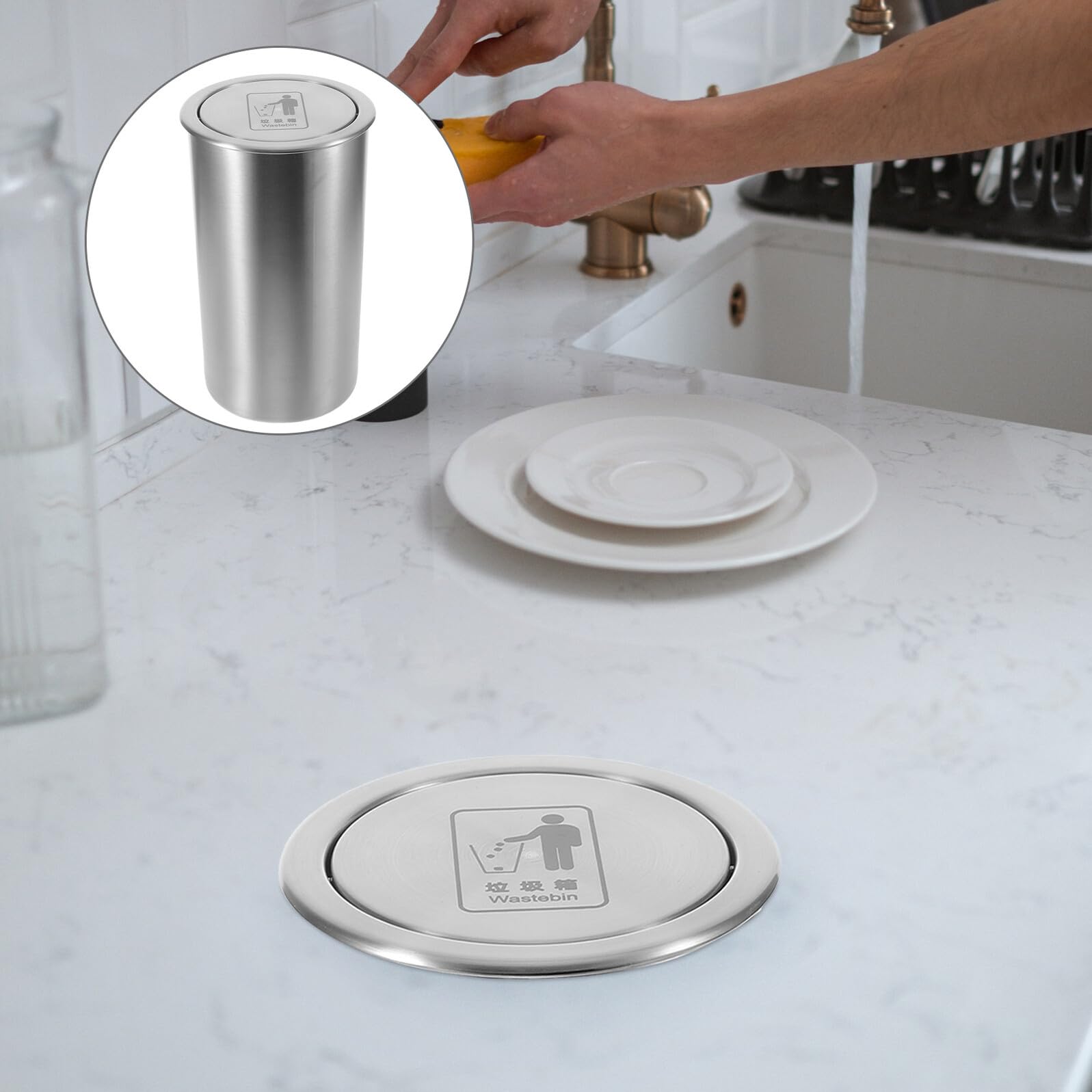 PRETYZOOM Cubo de Basura de Cocina Empotrado de Acero Inoxidable Tapa Giratoria Higiénica, Diseño Redondo Moderno para Cocinas Compactas y Restaurantes