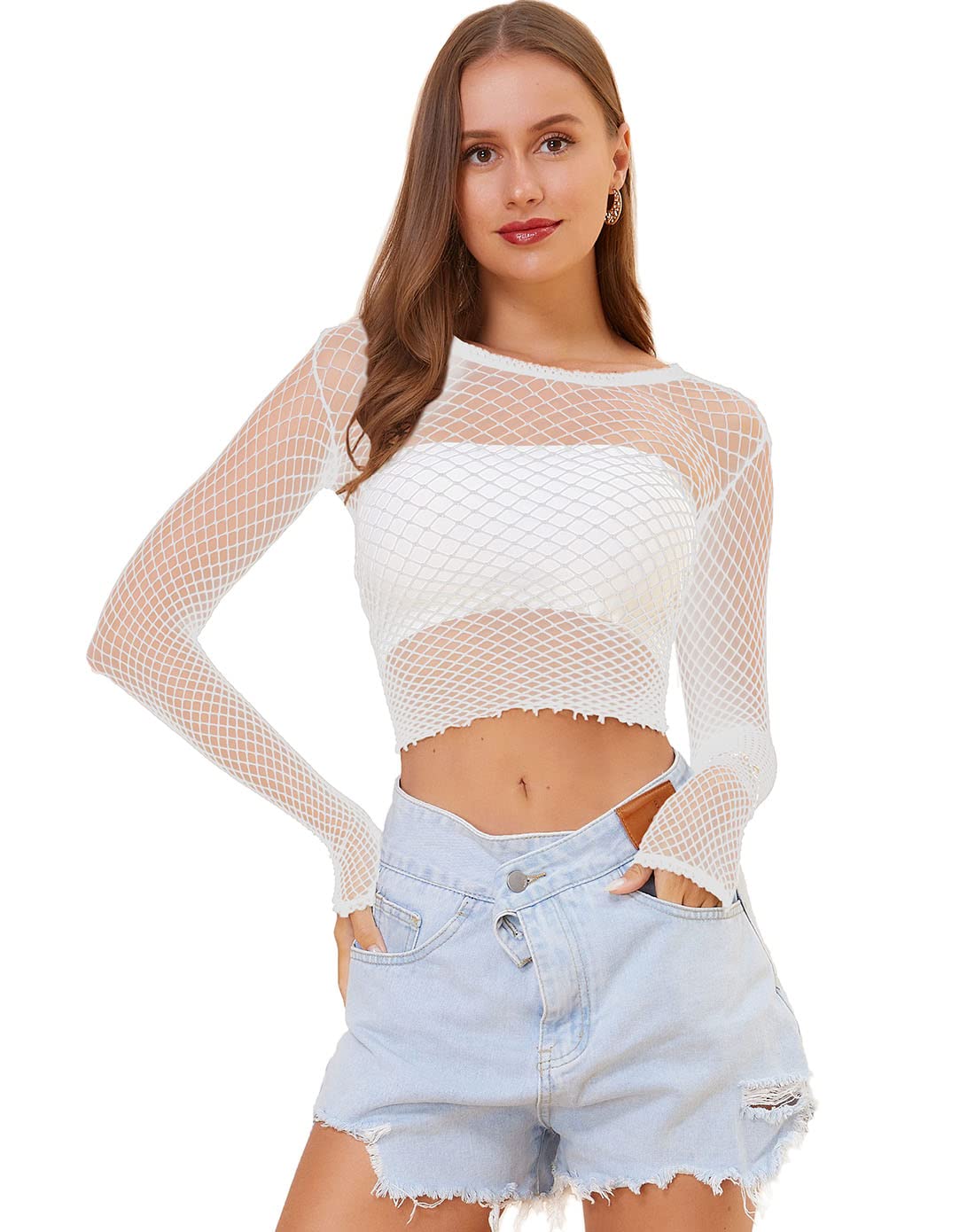 LEMON GIRL Women Fishnet Long Sleeve Crop Top Lingerie Babydoll Chemise Mesh Tops US2-16