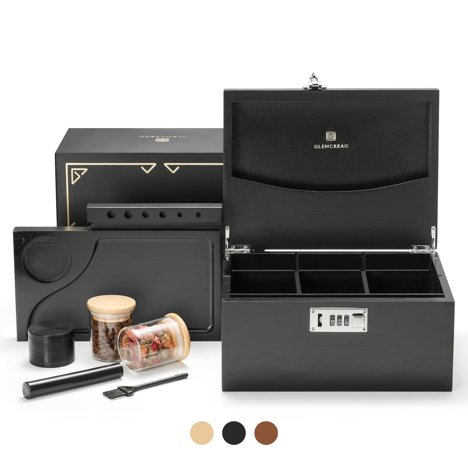 GLENCREAG Stash Box with Rolling Tray, Smell Proof Large Bamboo Storage Box with Lock, Decorative Box Set Includes Glass Jars & Grinder, Gift for Men