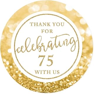 Andaz Press Glitzy Faux Gold Glitter Round Sticker Labels, Thank You for Celebrating 75 with Us, 75th Birthday or Anniversary, 40-Pack