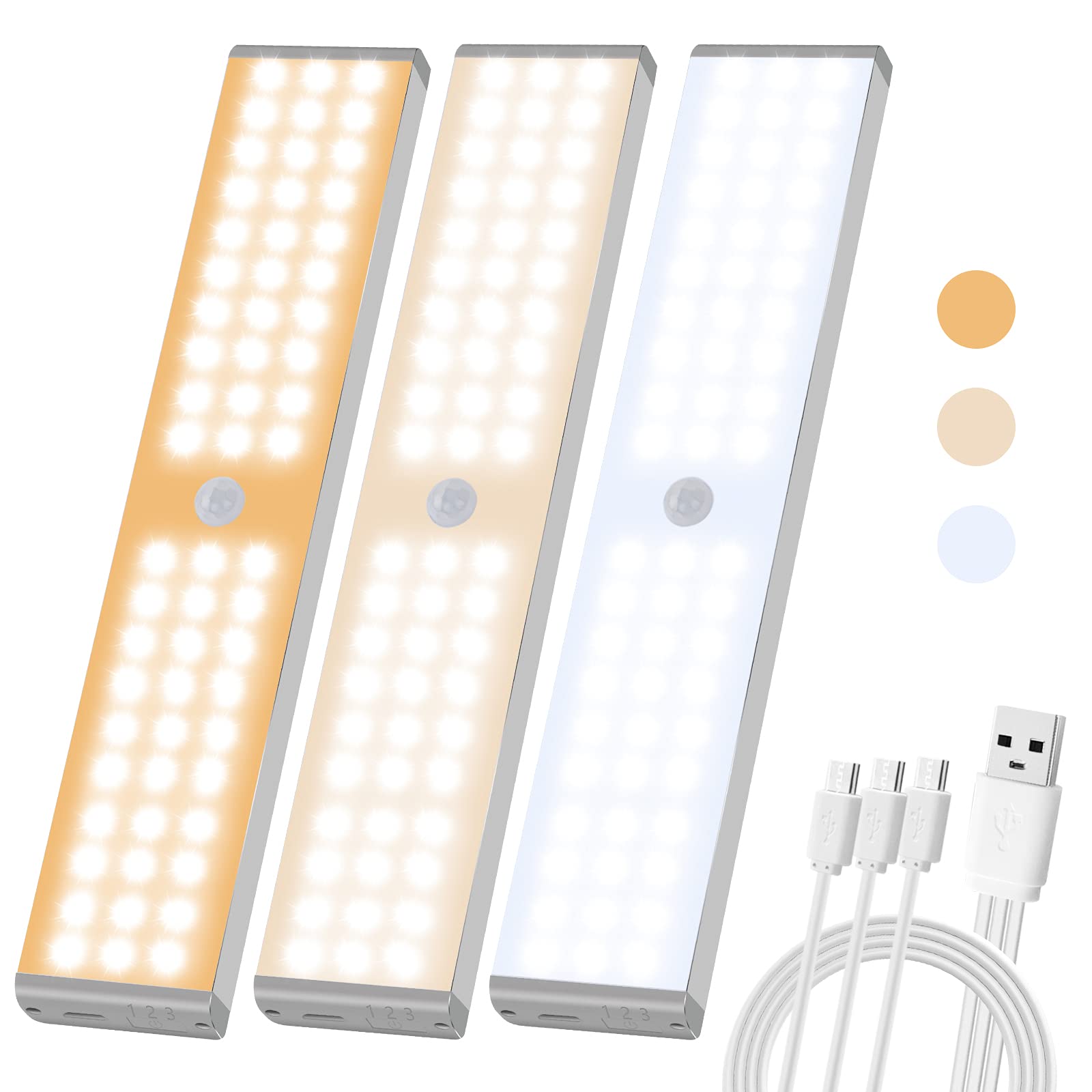 Under Cupboard Lights Motion Sensor, Tasmor Wireless Cabinet Lights USB Rechargeable, 3 Colour Lights Dimmable, 60 LEDs 20CM 1100mAh Battery, Magnetic Strip for Kitchen Wardrobe Closet Indoor (3 Pack)