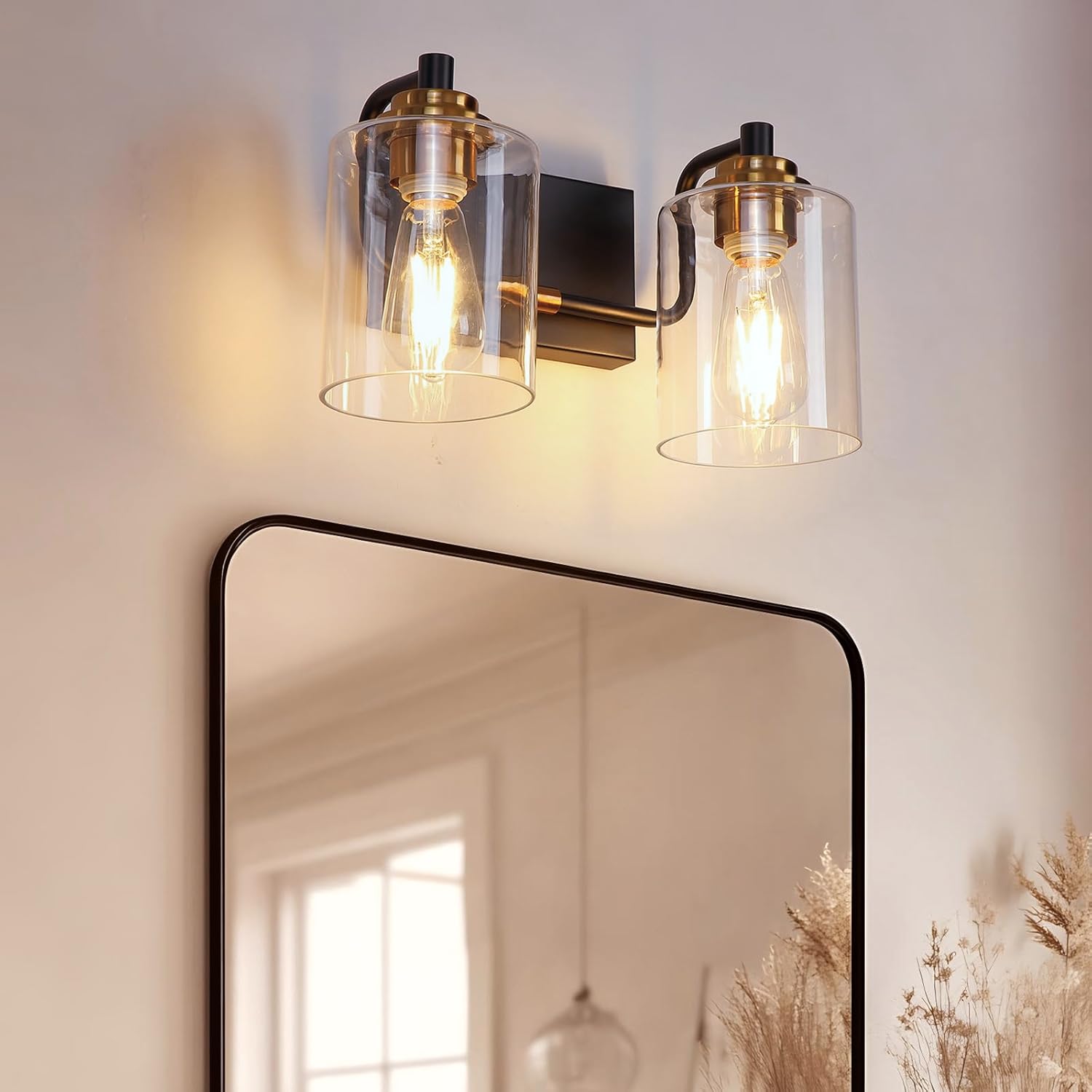 Modern 2-Light Bathroom Vanity Light Fixture, Black and Gold Bathroom Light Fixtures Over Mirror with Large Clear Glass Shades, Farmhouse Wall Sconce for Bedroom Living Room, E26 Base