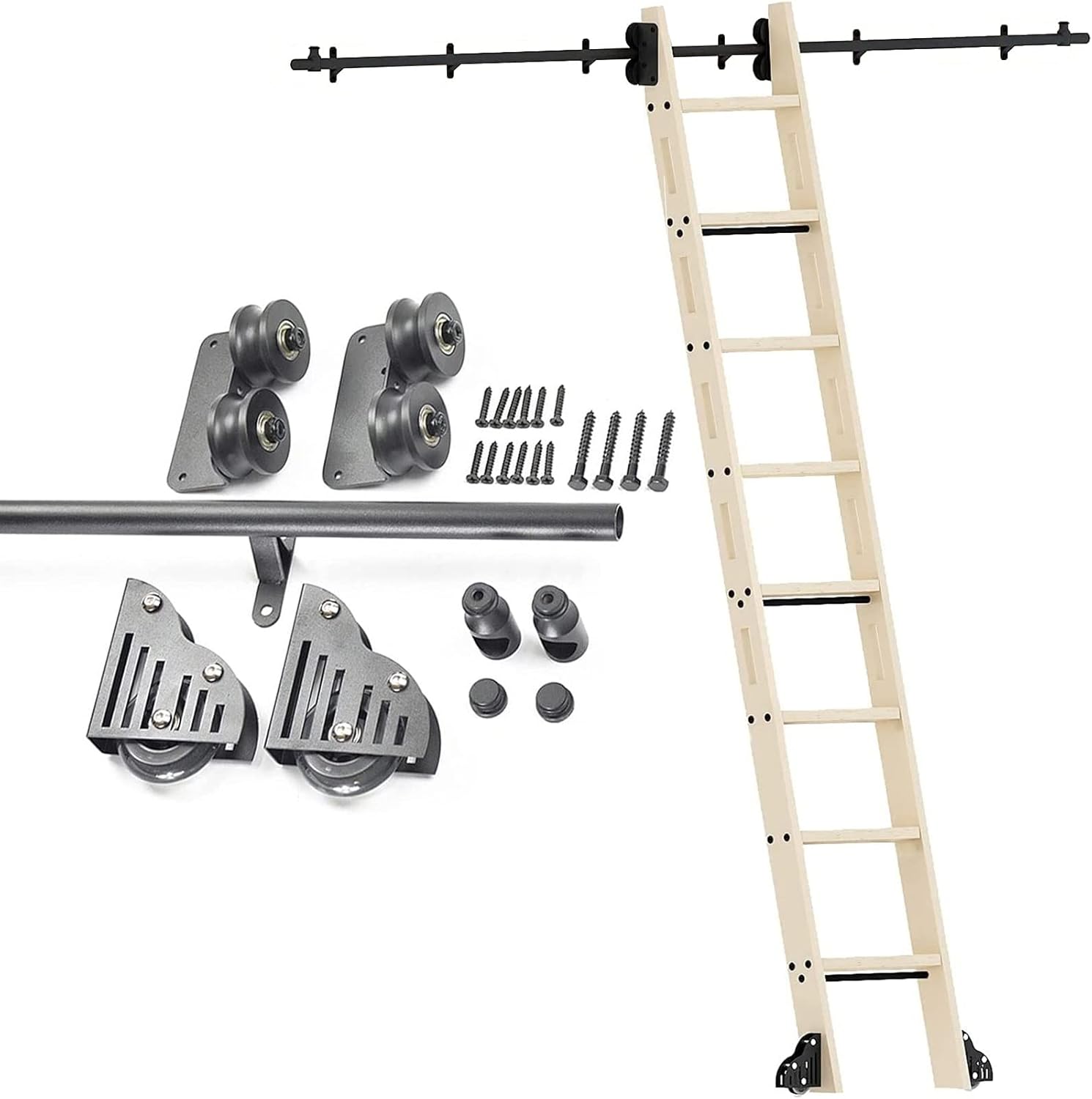 Sliding Ladder Track Kit, Round Mobile Ladder Rail Rolling Library Hardware (No Ladder) 3.3ft-20ft System Extention Track, with Floor Roller Wheels (Size : 16ft/500cm Track kit)