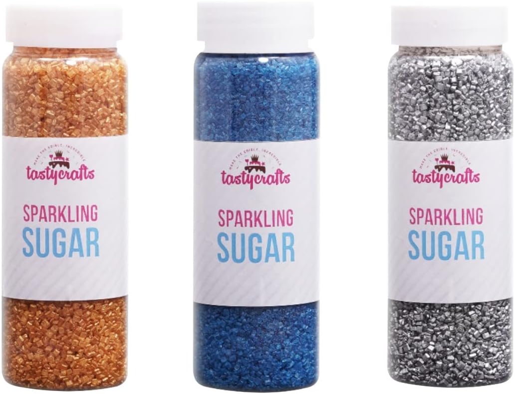 sparkling sugar for cake Decor, Edible Sprinkle Decorations, Coloured Sugar Confectionery, add colorful effect, Combo of Golden, Blue & Silver - Pack of 3