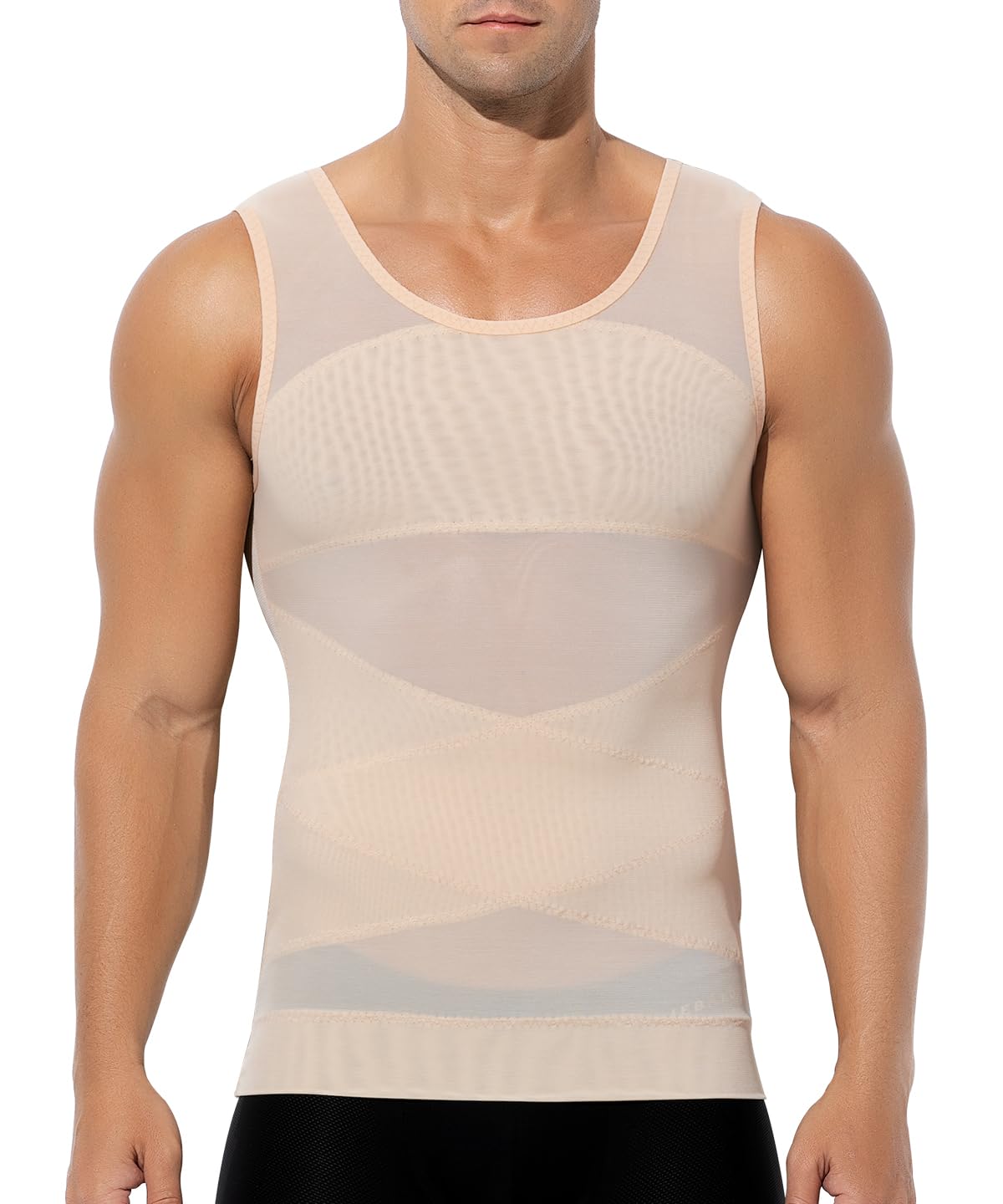 Casey Kevin Shapewear męska koszulka kompresyjna, A3-beżowy, M | Elastyczny podkoszulek wyszczuplający brzuch męski Body Shaper Tank Top bez rękawów Kompresja 25-30 mmHg