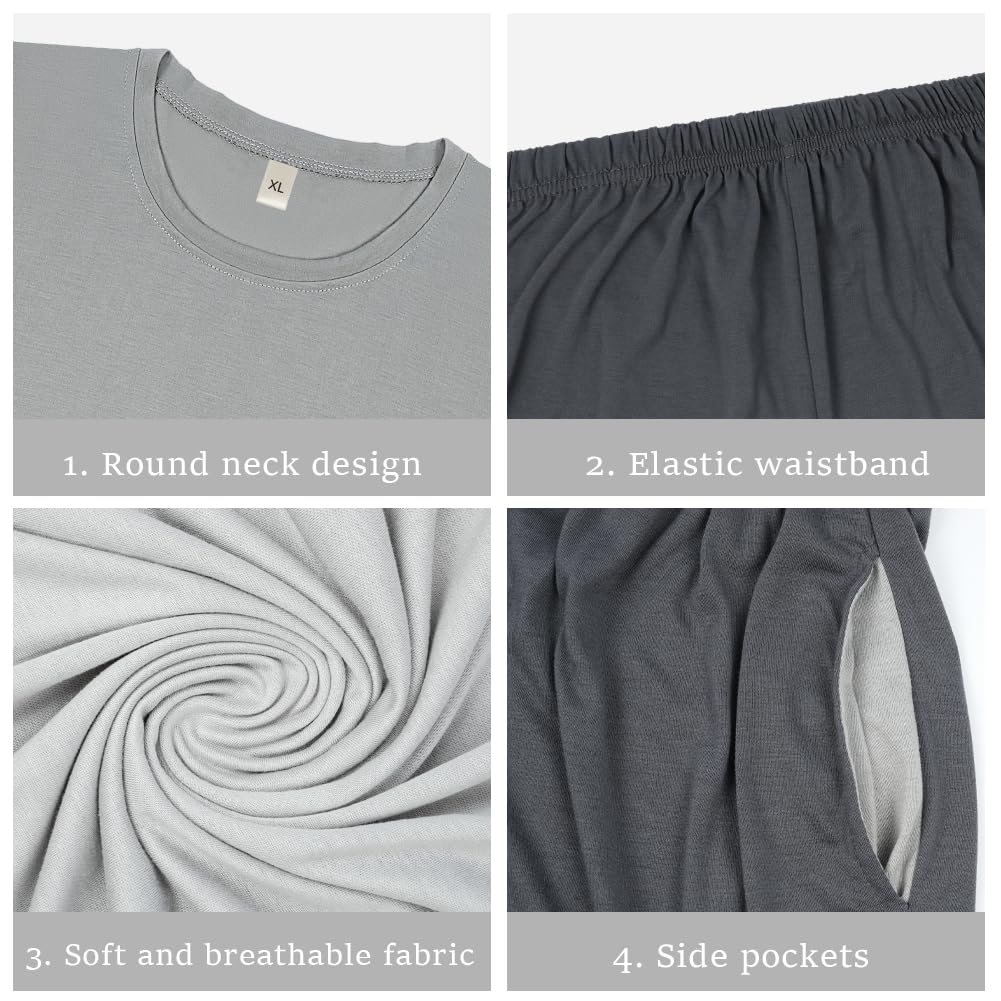 DiULi Pijama Hombre Verano, Conjunto de Pijama con Bolsillos, Suave y Cómodo, Hombre a Cuadros Ropa de Dormir, Cuello Redondo, Conjunto de Piyama Verano Incluir Pantalones Cortos a Cuadros