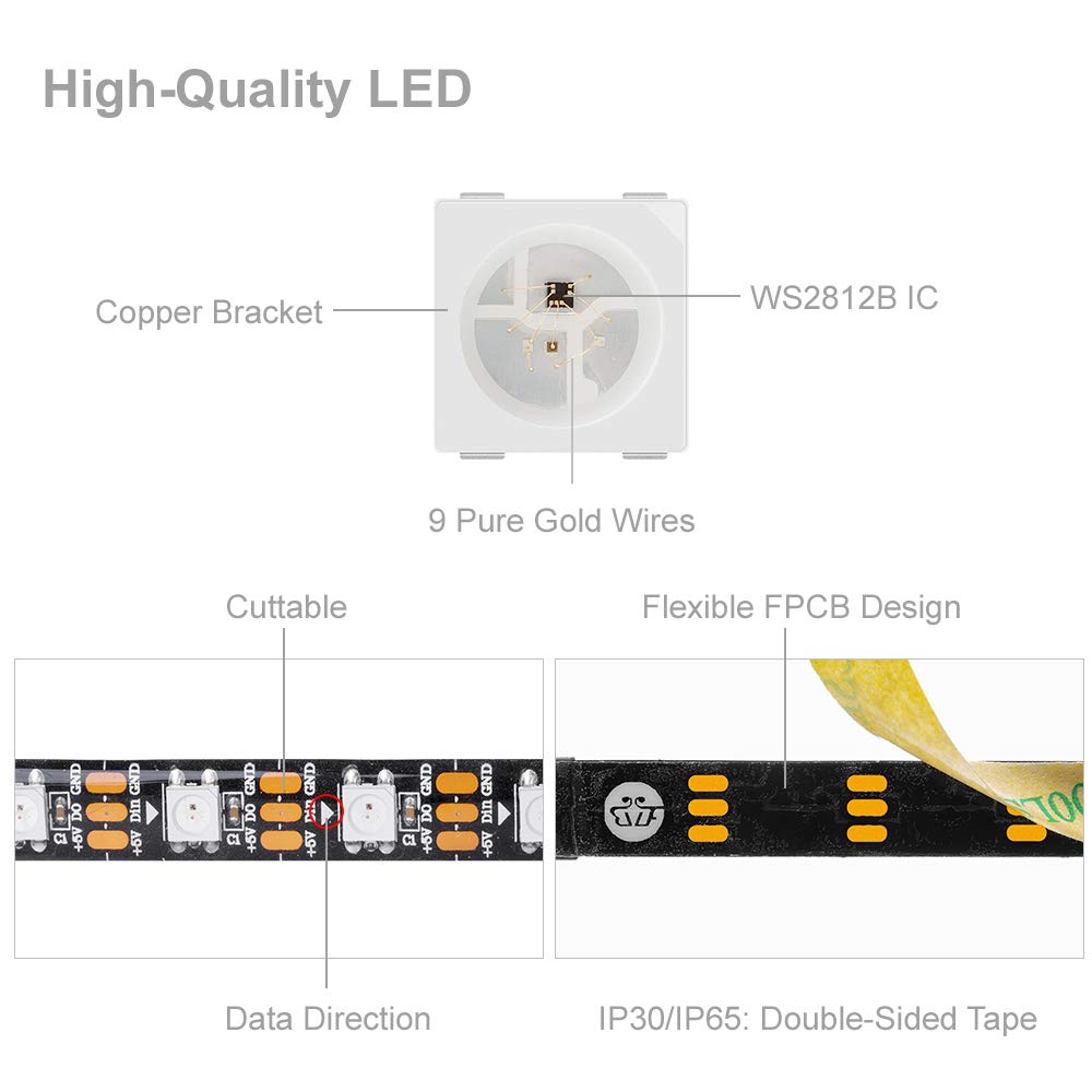 BTF-LIGHTING 16.4ft 5m WS2812b 60leds/pixels/m impermeable IP65 Negro PCB Flexible individualmente direccionable led tira Sueño en color DC5V