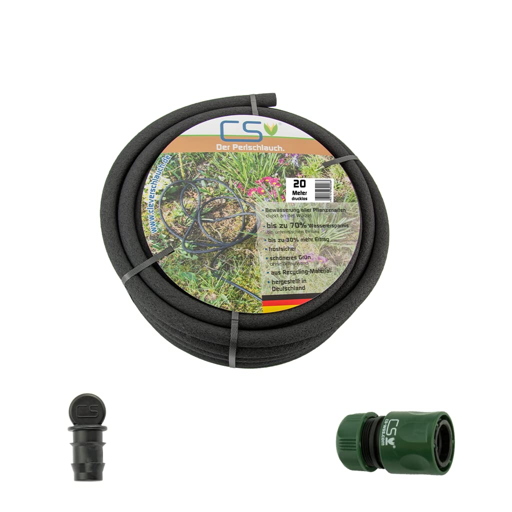 20m CS Perlschlauch Drucklos mit Schnellschlauchstück und Endstopfen für die drucklose Gartenbewässerung aus dem Regenfass/Regentonne/Wasserfass