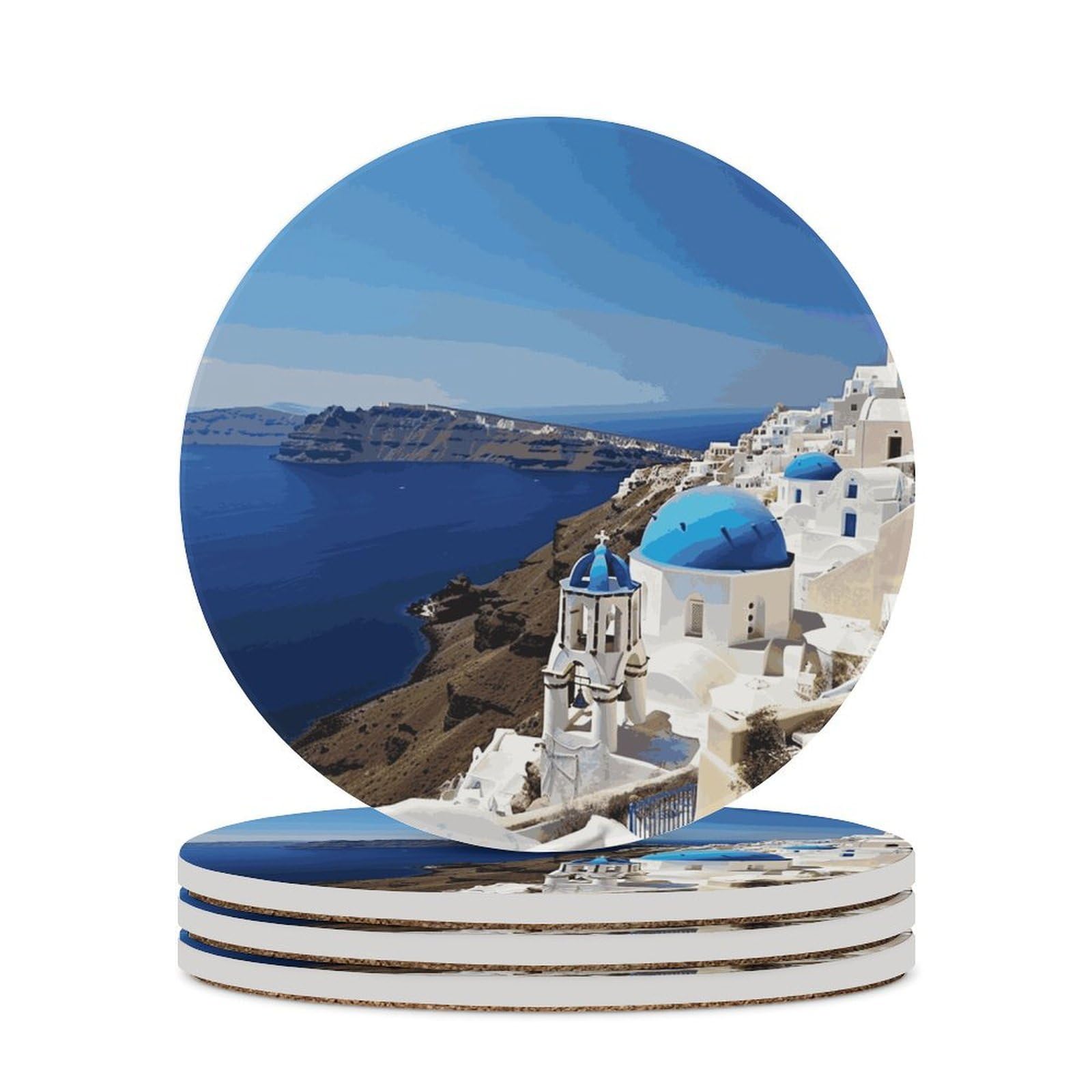 Khauerbc Style Santorini Greek Island Sea View Drink Coasters With Holder For Coffee Table,Ceramic Coaster With Cork Base,Ceramic Stone Coaster For Iced Cold Or Hot Drinks,4.1 Inches