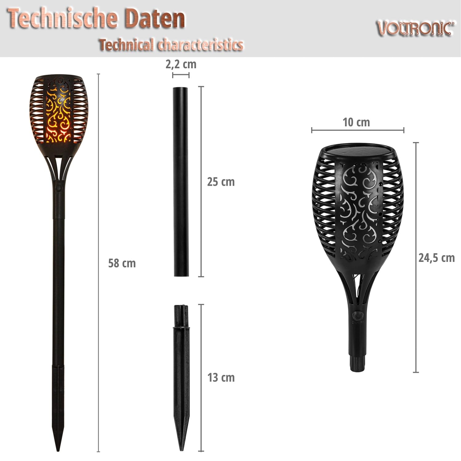 VOLTRONIC Solar Gartenfackel 33 LEDs, innen und außen, IP44, Erdspieß, Setwahl, 2er Set