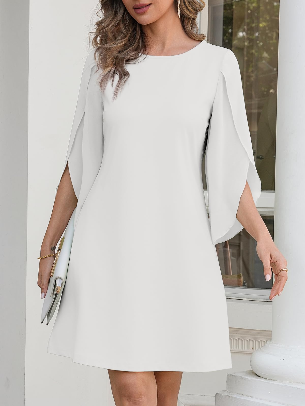 Cicy Bell Abito da donna con scollo rotondo, elegante, a maniche a 3/4, in tinta unita, per il tempo libero, al ginocchio