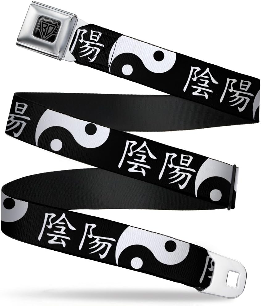 Buckle-Down Seatbelt Belt - Yin Yang Symbol C/U/Characters Black/White - 1.0" Wide - 20-36 Inches in Length