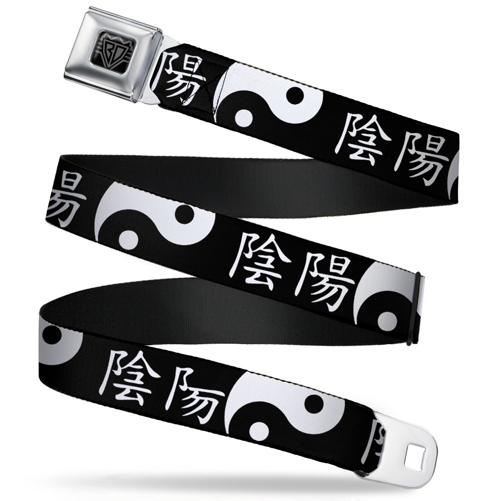 Buckle-Down Belt, Seatbelt Buckle Belt, Yin Yang Symbol Close Up Characters Black White, 32 to 52 Inches