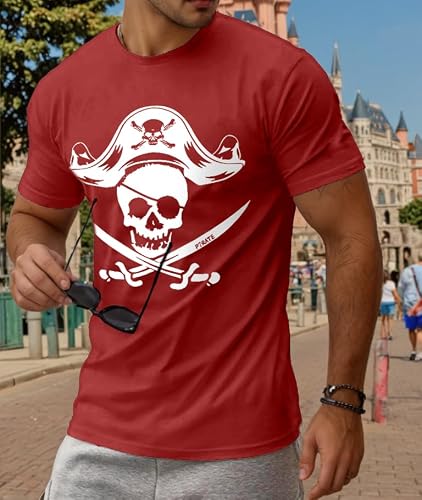 Mens Skeleton Shirt Red Pirate Shirt Skull and Crossbones Tshirt Pirate Theme Causal Short Sleeve Tee Top — view 2