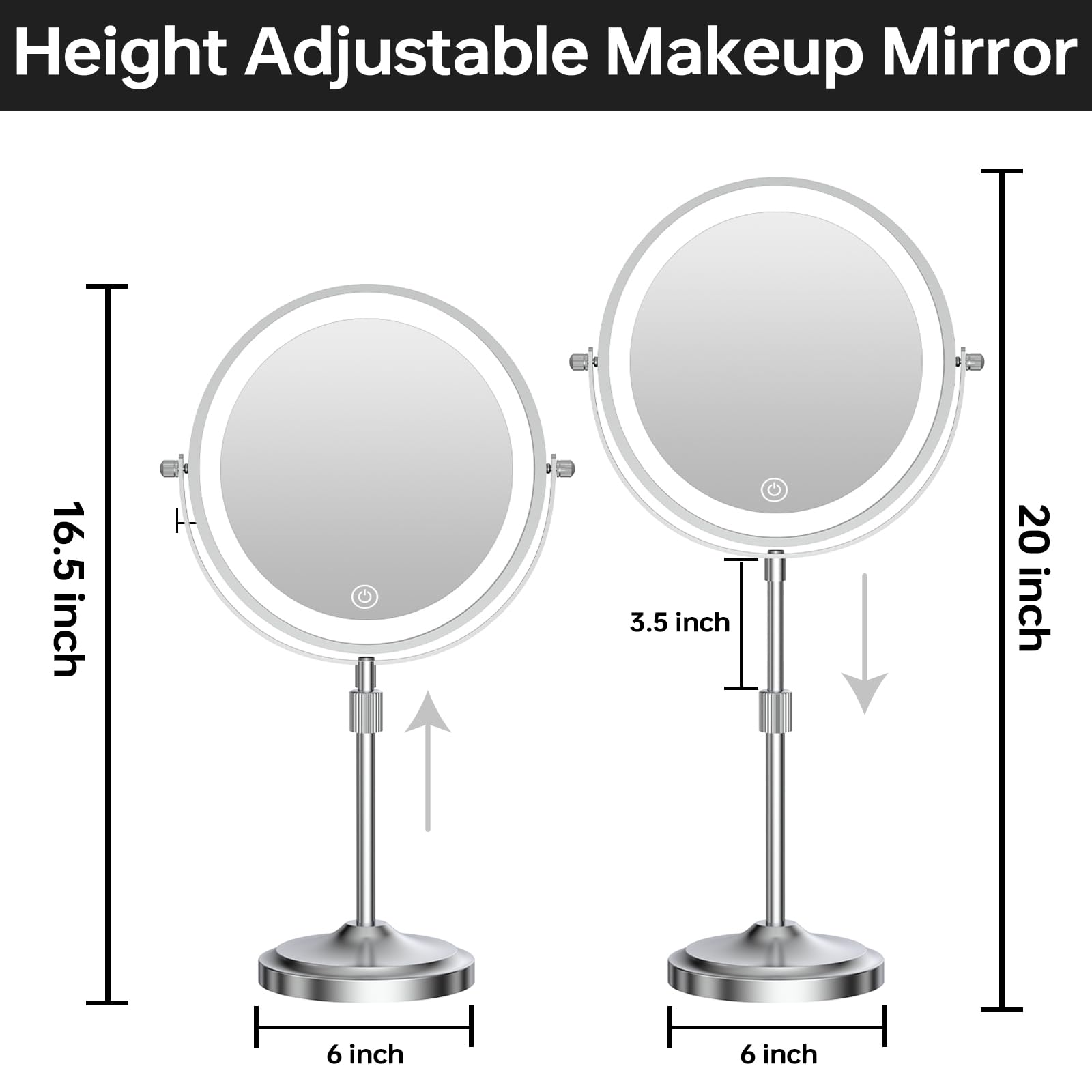 Espejo de aumento de 9 pulgadas con luces 20X, espejo de maquillaje iluminado ajustable con aumento, batería recargable de 5000 mAh, regulable, 3 colores de iluminación, cromado
