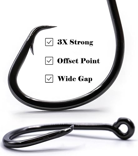 Miniatura 2 de FishTrip Ganchos circulares de agua salada para bagre, 25 piezas compensadas, 3 anzuelos de pesca fuertes, ancho para cebos vivos, tamaño 2 1 10 20