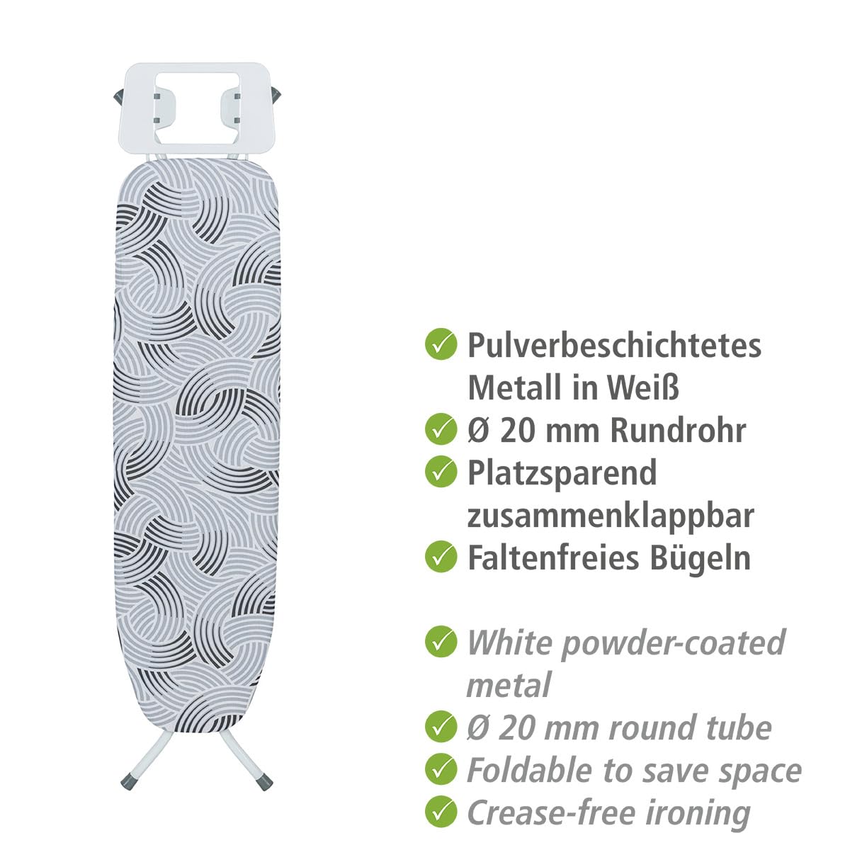 WENKO Bügeltisch Base, solides Einstiegsbügelbrett, dampfbügelgeeignet, höhenverstellbar 73-90 cm, Rundrohr Ø 20 mm aus pulverbeschichtetem Metall, Bügelfläche 110 x 30 cm, 5 mm Polsterung
