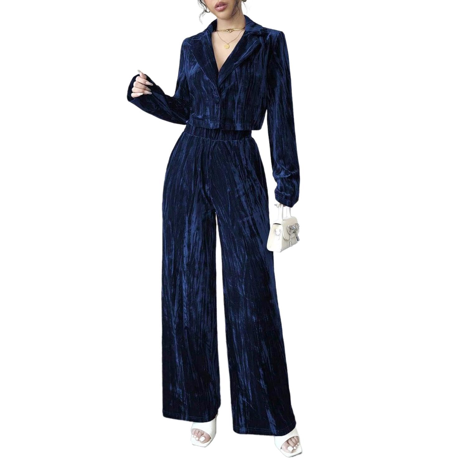 2 Piece Sets for Women Fall Outfits Velvet Long Sleeve Crop Blazer Pleated Wide Leg Pants Suit Set