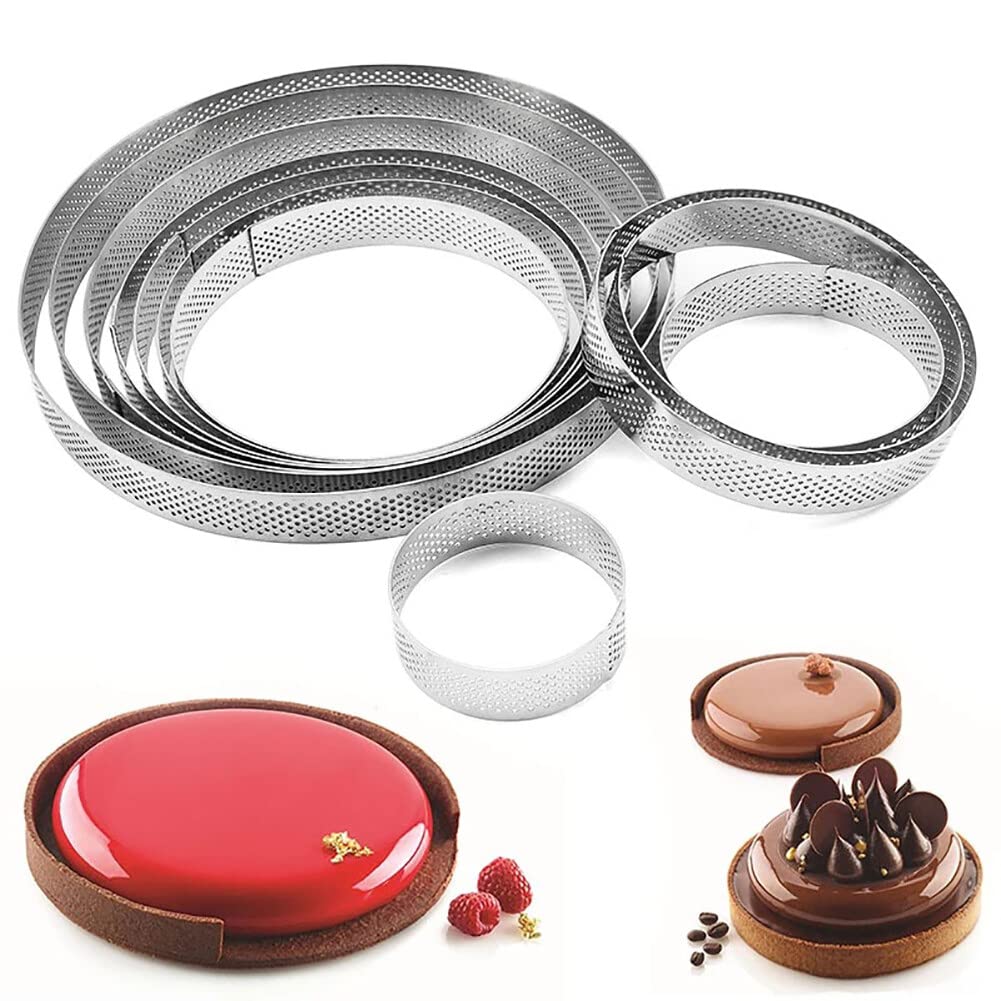 Surakey Lot de 11 anneaux à tarte perforés en acier inoxydable antiadhésifs pour pâtisserie, dessert français, fruits, tarte, croûte, tarte (rond)