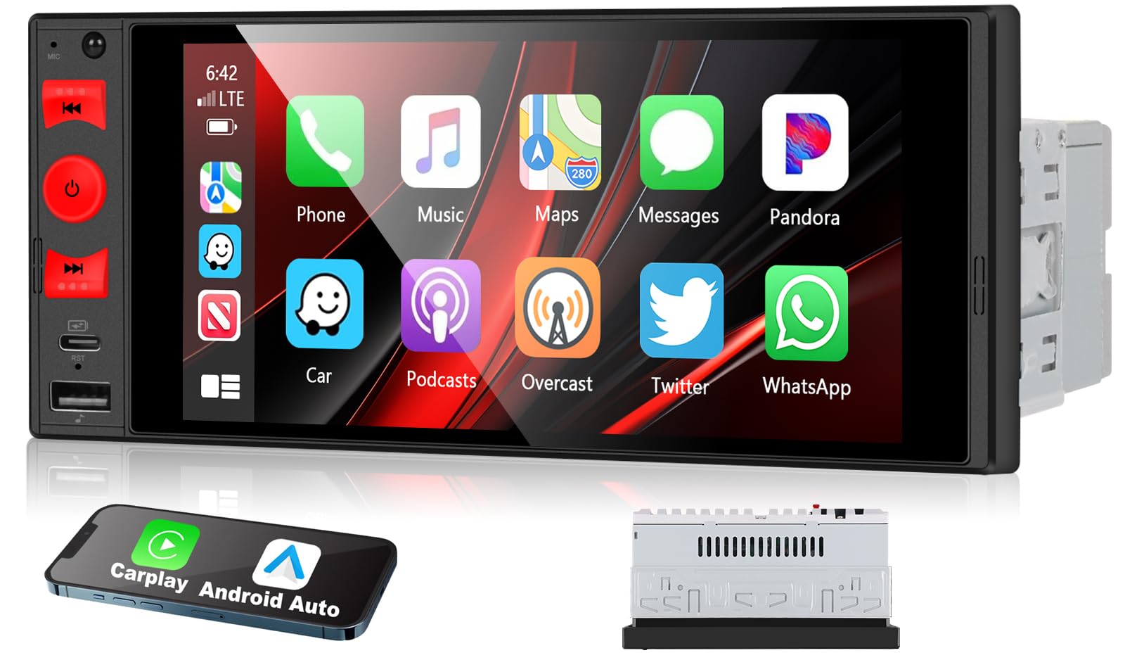 Stereo Auto Bluetooth con Schermo, Wireless Android Auto CarPlay Autoradio 1 Din con HD Touchscreen, Mirror Link, FM, USB/TF/AUX, SWC, Single Din Car Radio & Type-C