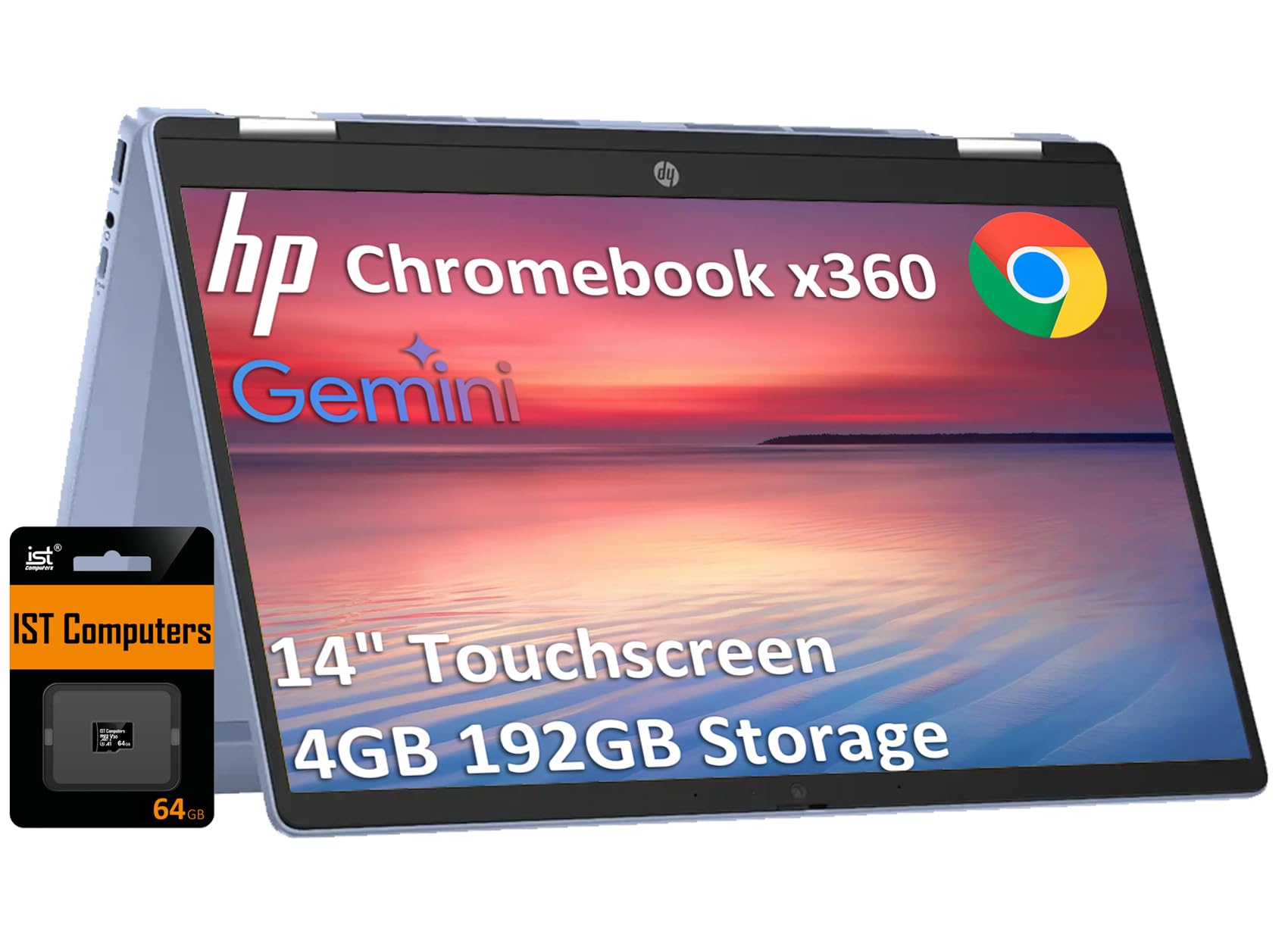 HP Chromebook x360 14 2-in-1 Touchscreen Laptop (14" HD, Intel N200, 4GB RAM, 192GB Storage (128GB SSD+64GB SD Card)) for Home, Students, HD Webcam,