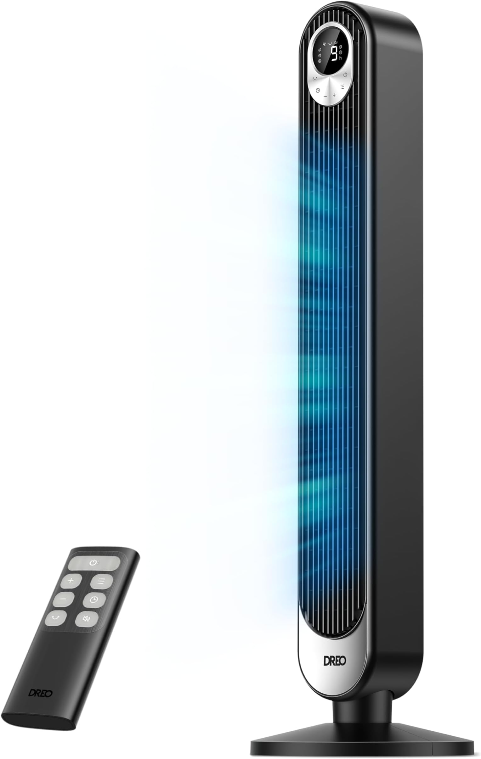 – DREO 20dB Quiet 42 Inch Tower Fan, DC Power, 28ft/s Fast Cooling, 9 Speeds 4 Modes, 12H Timer Night Mode, LED Display & Remote, Standing Fan for Home Bedroom Office, Black